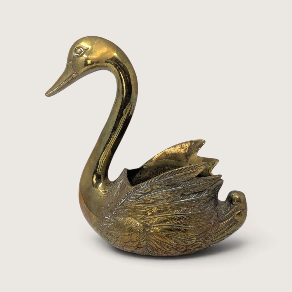 Vintage Solid Brass Swan Planter Heavy Metal Bird Cachepot